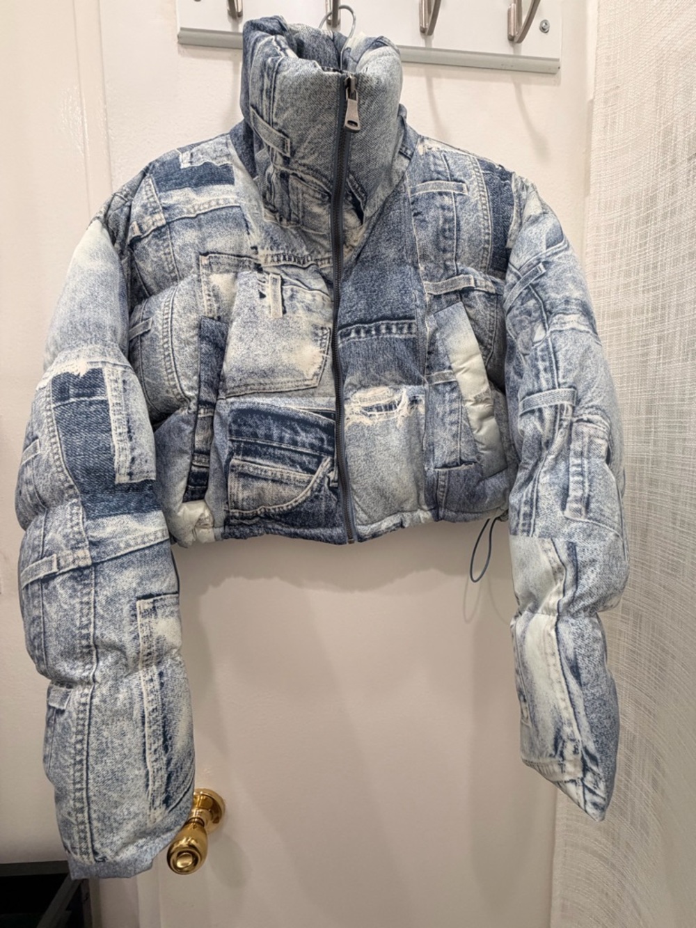 Urban Outfitters Blue Patchwork Denim Puffer Jacket